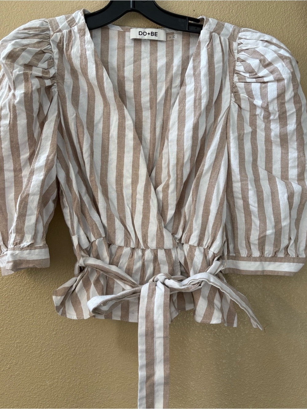 DO+BE Beige and White Striped Wrap Puff-Sleeve Blouse